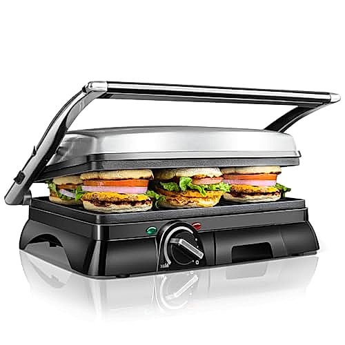 Aigostar Gril viande et panini multifonction, 2000W, Appareil paninis,Plaques antiadhésives et ouverture à 180º, Bac à graisse amovible, Appareil à Croque-Monsieur Samson 30klu XXL