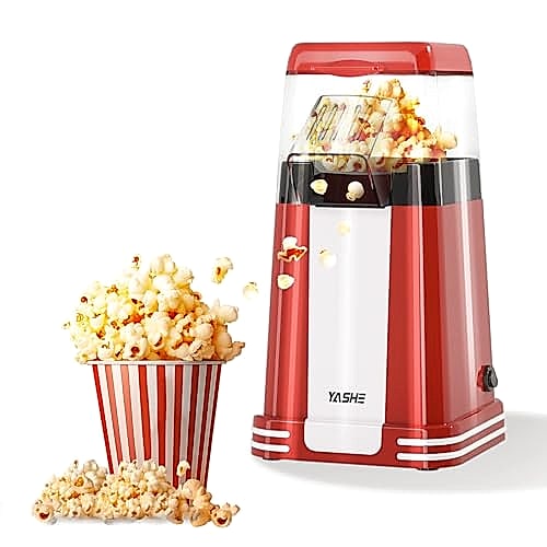 YASHE Machine à pop-corn rétro, 1200 W Machine à pop-corn à air chaud avec gobelet doseur, à bouton unique, sans huile, Parfaite pour les cinémas maison, les soirées cinéma, les fêtes
