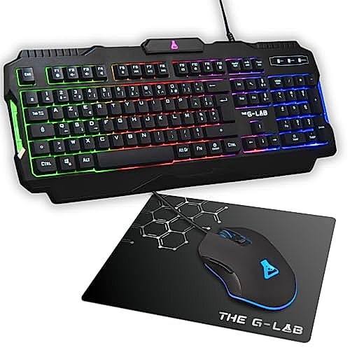 The G-Lab - Combo Hélium - Ensemble Gaming 3 en 1 - Clavier Gamer Azerty Rétroéclairé, Souris Gamer 6400 Dpi, Tapis De Souris Antidérapant - 6 Touches Anti-ghosting - Pack PC/PS4/PS5/XBOX